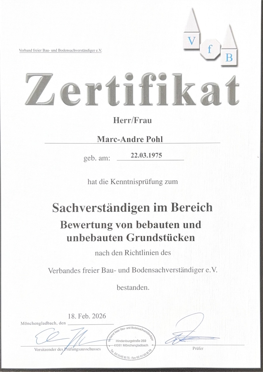 Zertifikat Marc-Andrè Pohl – Sachverständiger für die Bewertung von Grundstücken (VfB)